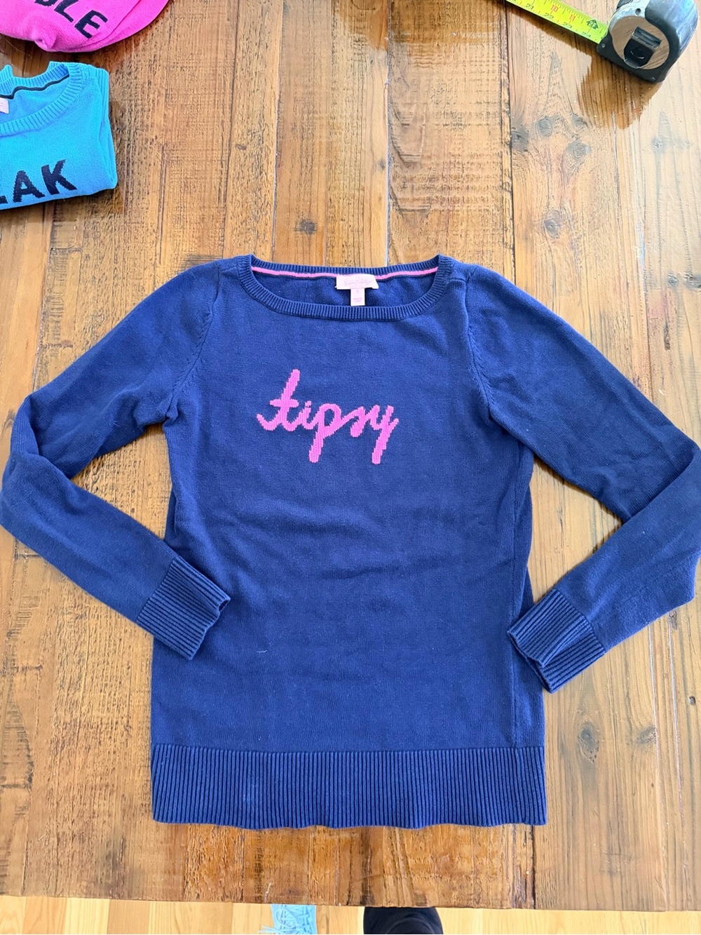 Lilly Pulitzer Navy boatneck Sweater with Pink 'tipsy' Script s